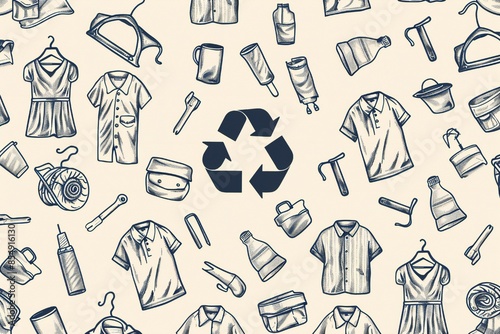 Line art pattern include a recycle symbol, shirts, pants and clothing hangers Generative Ai 