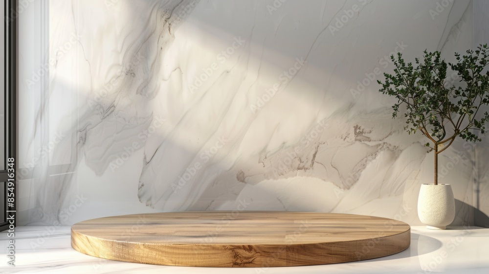 Wooden podium on marble surface with natural light Wooden podium on marble surface with natural light
