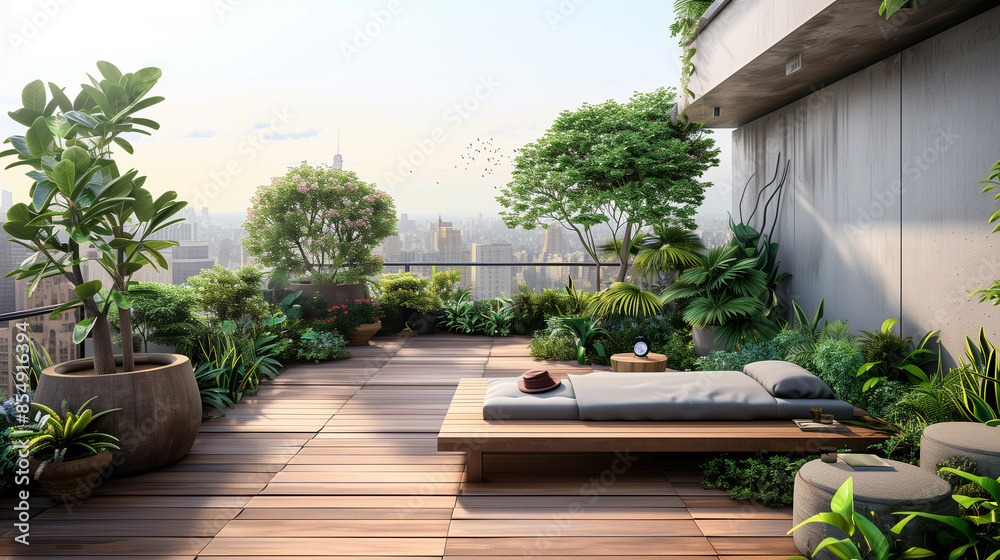 Fototapeta premium A tranquil urban Modern minimalistic garden featuring lush plants and a wooden deck , mockup 3d render exterior