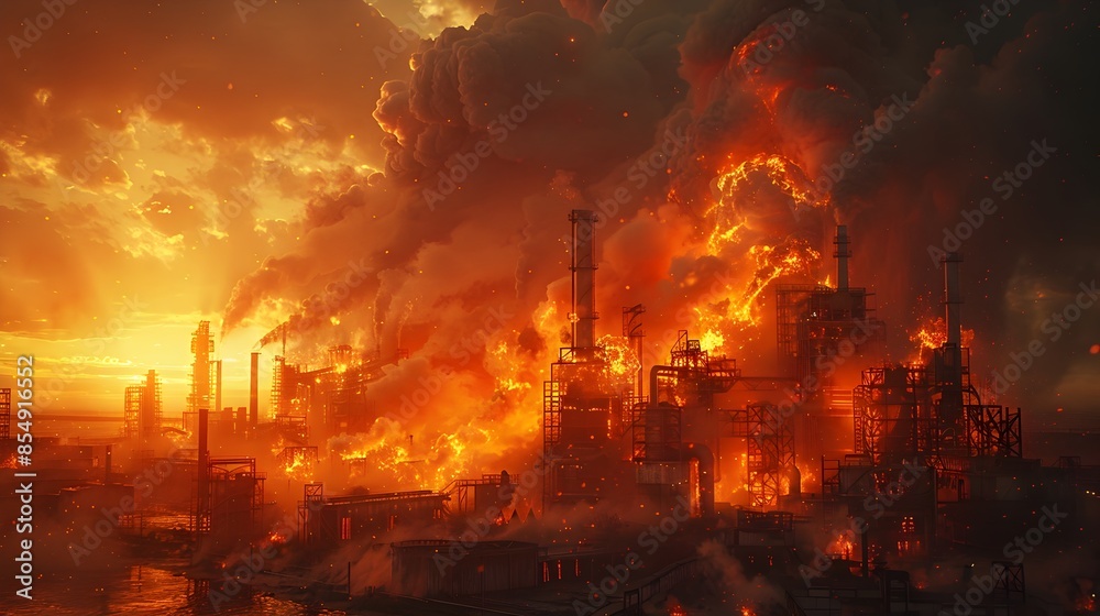 Fototapeta premium Raging Industrial Fire Engulfs Oil Refinery in Apocalyptic Disaster Scene