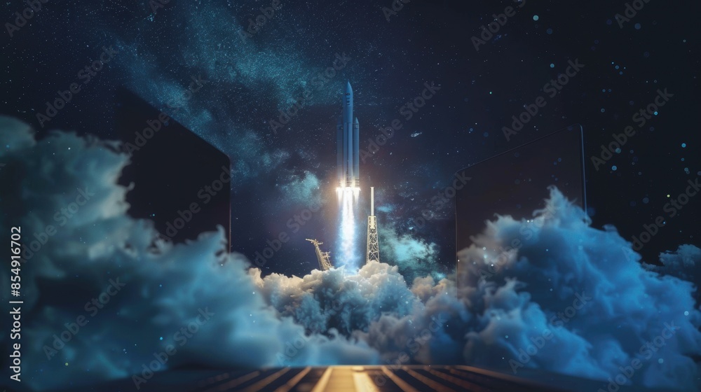 Fototapeta premium Rocket launch from laptop screen in night sky