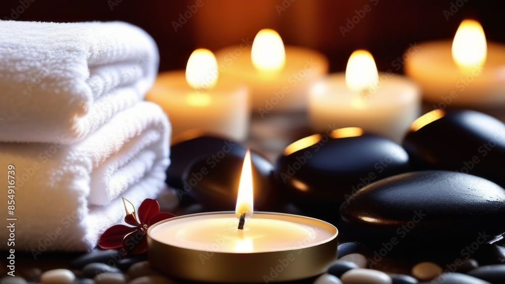 Hot stones, white towels and candles at the spa Hot stones, white towels and candles at the spa