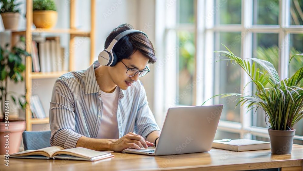 Student with Headphones Studying: A student wearing headphones while studying, enjoying music or audio resources.
Student with Headphones Studying: A student wearing headphones while studying, enjoying music or audio resources.