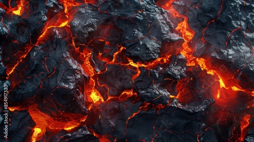Close-up view of molten lava flowing through volcanic rock