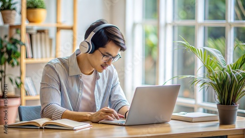 Student with Headphones Studying: A student wearing headphones while studying, enjoying music or audio resources. 