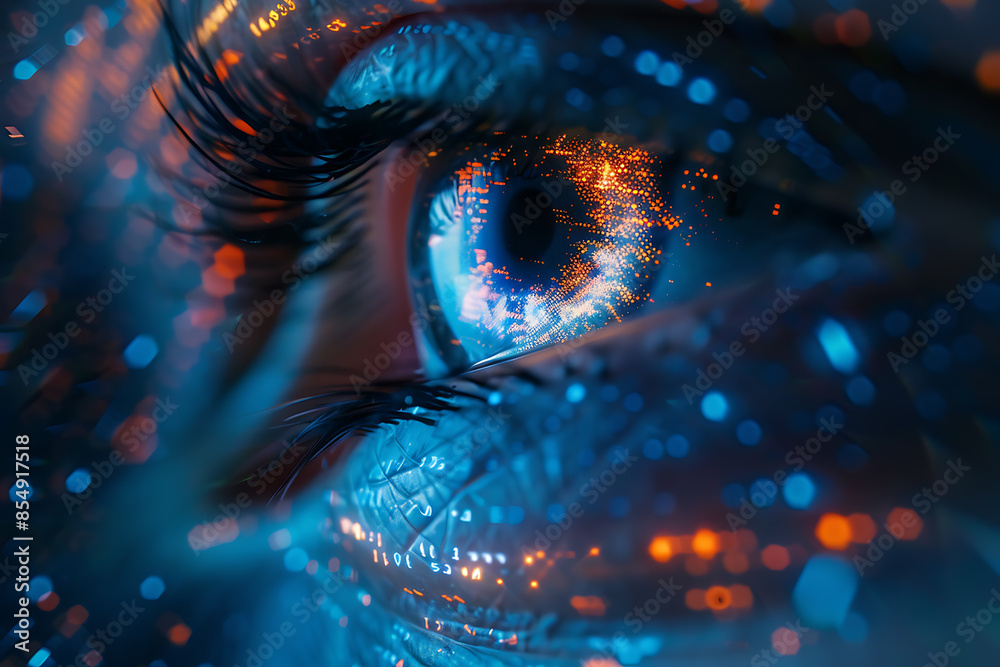 Close-up of a digital human eye with data and code reflected, symbolizing advanced technology and cyber intelligence. Close-up of a digital human eye with data and code reflected, symbolizing advanced technology and cyber intelligence.
