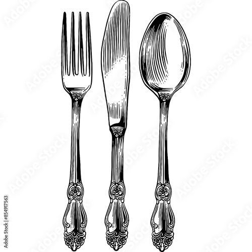 Hand drawn Spoon Fork Butter Knife Set Sketch Illustration