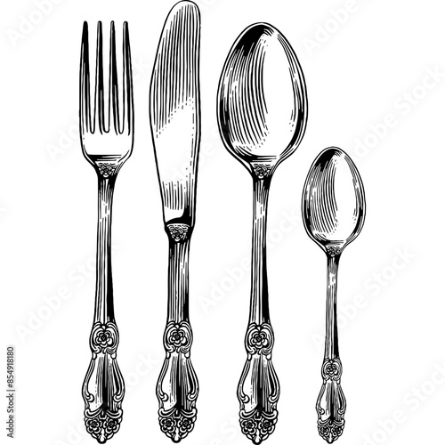 Hand drawn Spoon Fork Butter Knife Set Sketch Illustration