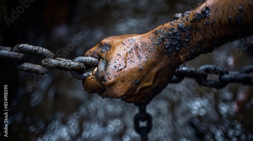 A close-up shot of a hand covered in mud grasping a chain, likely in a dark or industrial setting