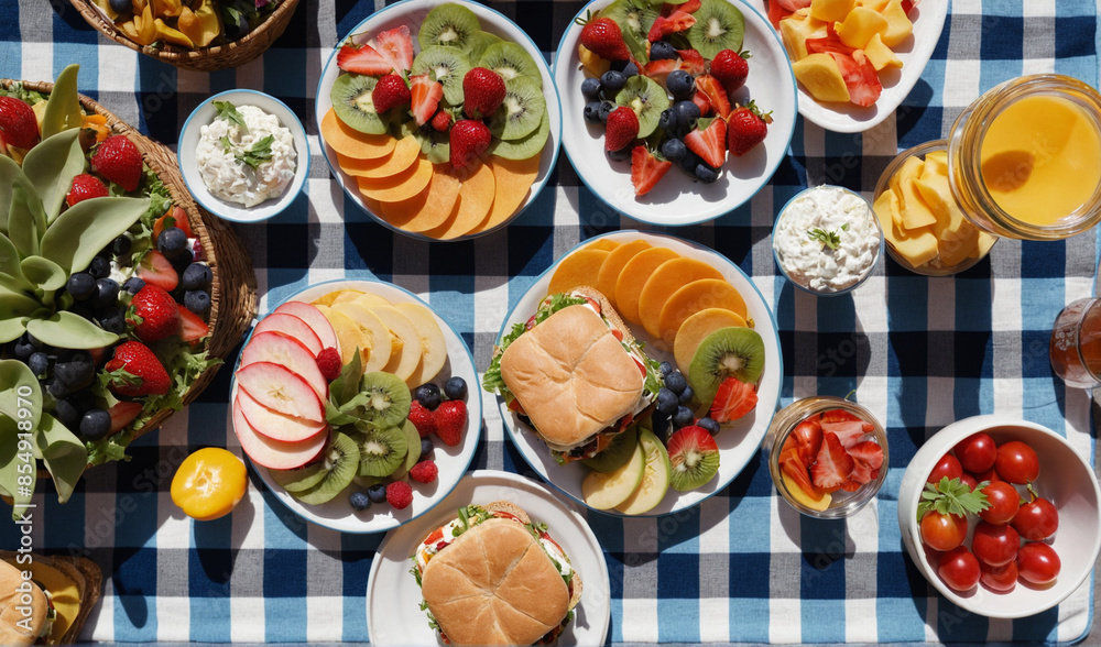 Top view shot of a picnic spread on a checkered blanket with a variety of sandwiches, fruits, and colorful salads Top view shot of a picnic spread on a checkered blanket with a variety of sandwiches, fruits, and colorful salads