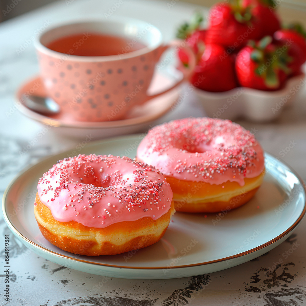 Strawberry frosted Donuts on a white plate on a wooden table. Cup of Tea, strawberries on the side. Strawberry frosted Donuts on a white plate on a wooden table. Cup of Tea, strawberries on the side.