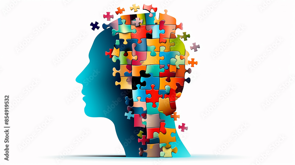 Human head is covered with puzzle pieces, a colorful mosaic on a light background Human head is covered with puzzle pieces, a colorful mosaic on a light background