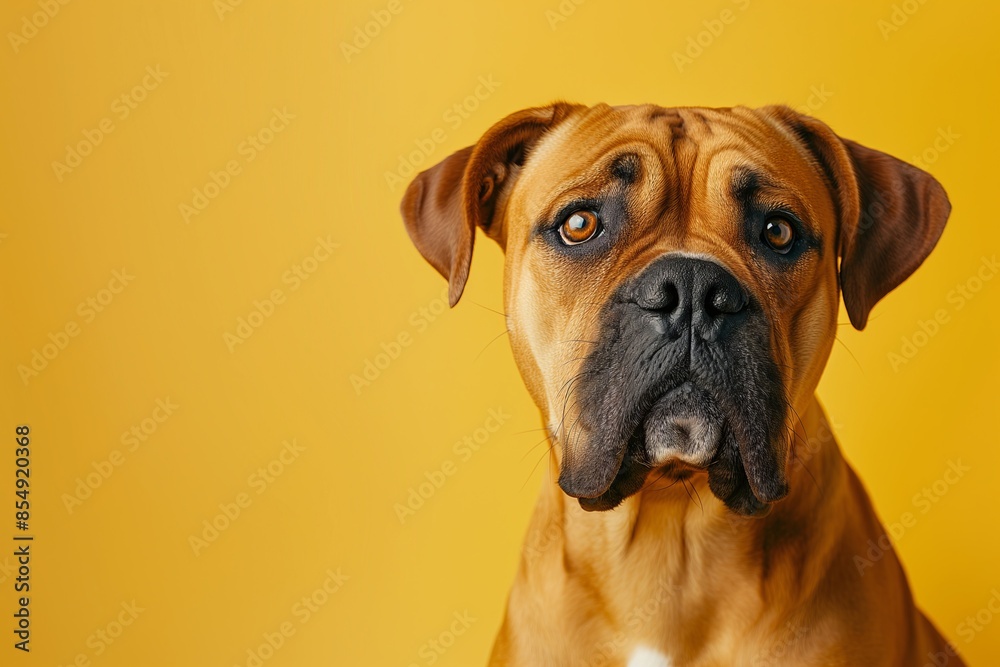 Obraz premium Bullmastiff dog on minimalistic colorful background with Copy Space. Perfect for banners, veterinary ads, pet food promotions, and minimalist designs.