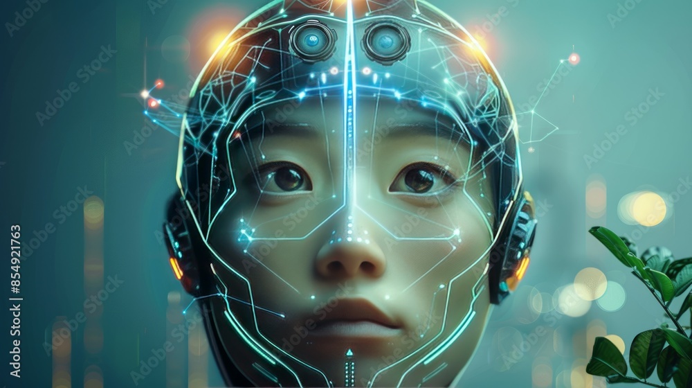 A digital depiction of a human face integrated with futuristic AI and technological elements, glowing orange eyes.