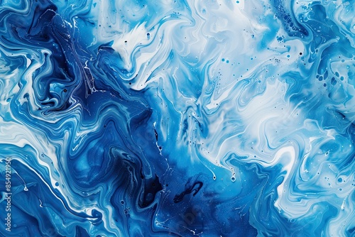Abstract background with blue and white paint strokes, fluid art. Blue color background, white paint strokes in the style of fluid art. 