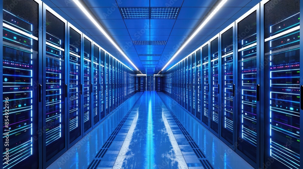 Fototapeta premium Blue-lit data center corridor: Rows of servers stretch into the distance, illustrating the scale and complexity of modern information storage