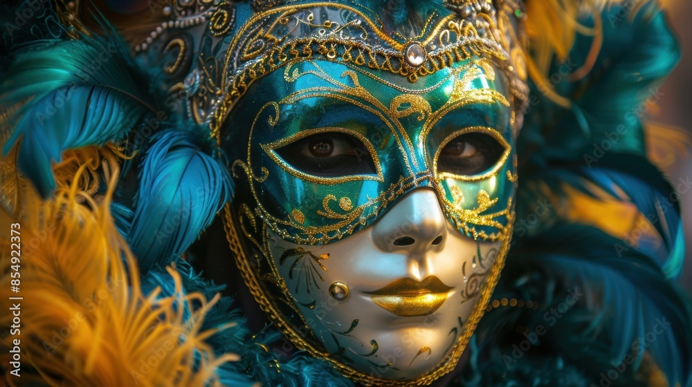 A close-up view of a venetian carnival mask with blue and gold feathers A close-up view of a venetian carnival mask with blue and gold feathers