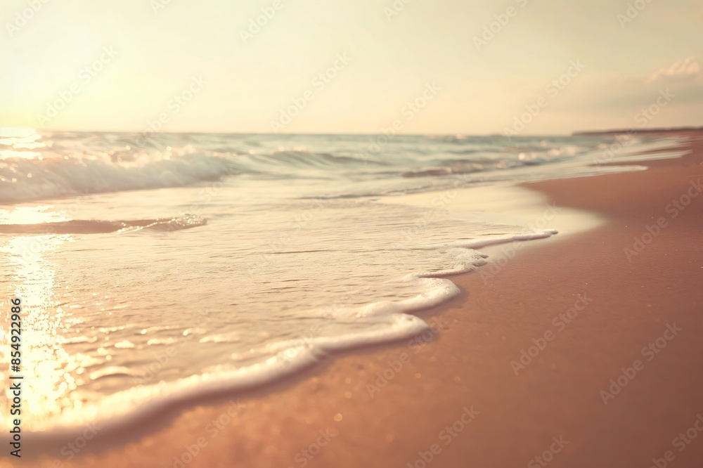 Obraz premium Soft waves gently caress the sandy shore during the golden hour, casting a warm, tranquil glow over the serene beachscape