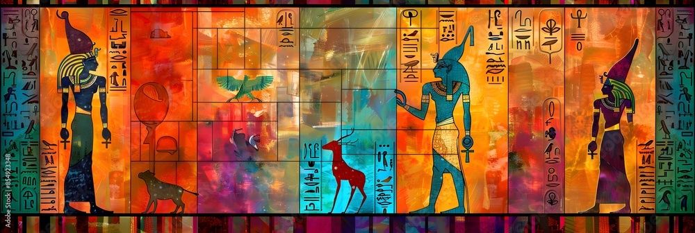 Fototapeta premium Vibrant Ancient Egyptian Mythology Hieroglyphics Themed Backdrop