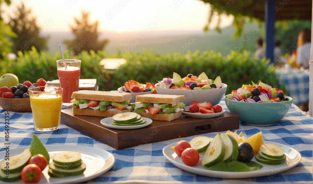 Wide-angle shot of a picnic laid out on a tartan blanket with sandwiches, fruit, colorful salads, and plenty of appetizers.