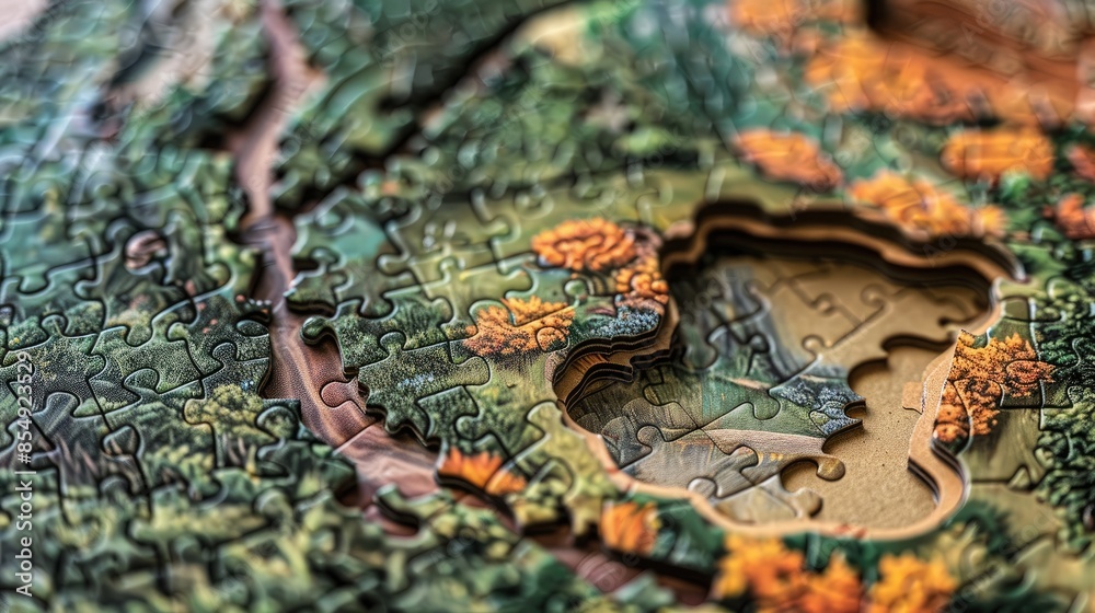 Fototapeta premium Close-up of puzzle assembly, emphasizing the satisfaction of connecting each piece into a cohesive whole