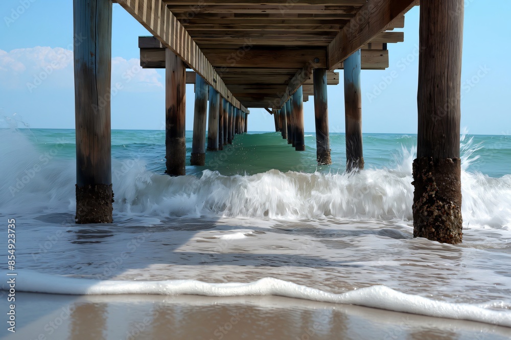 Captivating view under a wooden pier with waves gently crashing ashore, illustrating tranquility and the beauty of coastal landscapes Captivating view under a wooden pier with waves gently crashing ashore, illustrating tranquility and the beauty of coastal landscapes