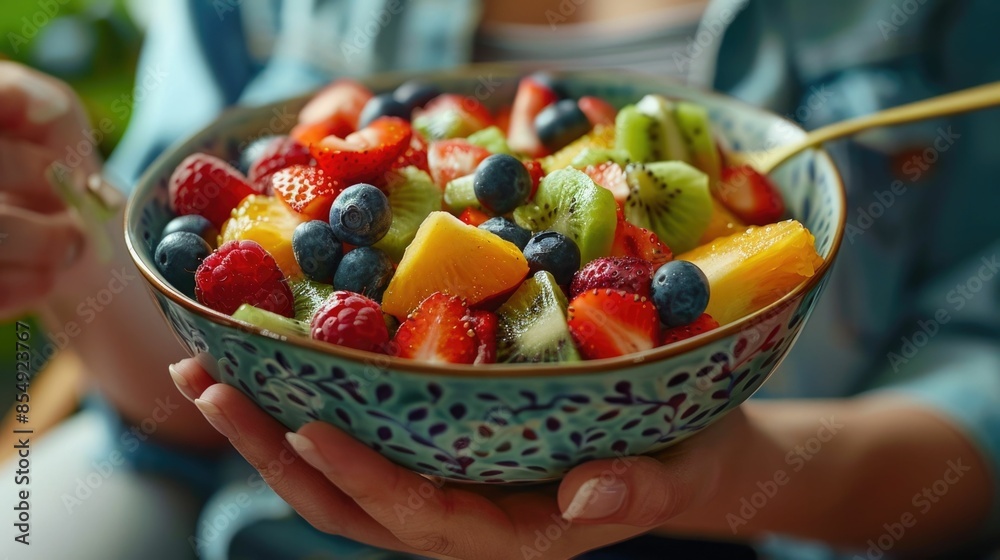 Overhead View of a Vibrant Fruit Salad Arranged in a Wooden Bowl Held by Hands Against a Natural Backdrop Healthy Delicious and Visually Appealing Snack or Meal Overhead View of a Vibrant Fruit Salad Arranged in a Wooden Bowl Held by Hands Against a Natural Backdrop Healthy Delicious and Visually Appealing Snack or Meal