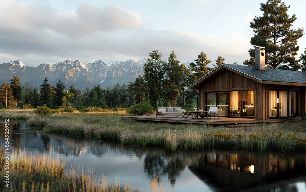 Naklejka premium Scenic lakefront cabin in the wilderness with towering mountains in the background, serene reflection on the water, and cozy, warm indoor lighting.