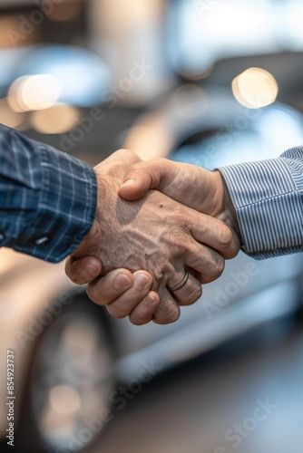 Customer seals deal with insurance agents, shaking hands in front of blurred car backdrop after agreeing to terms