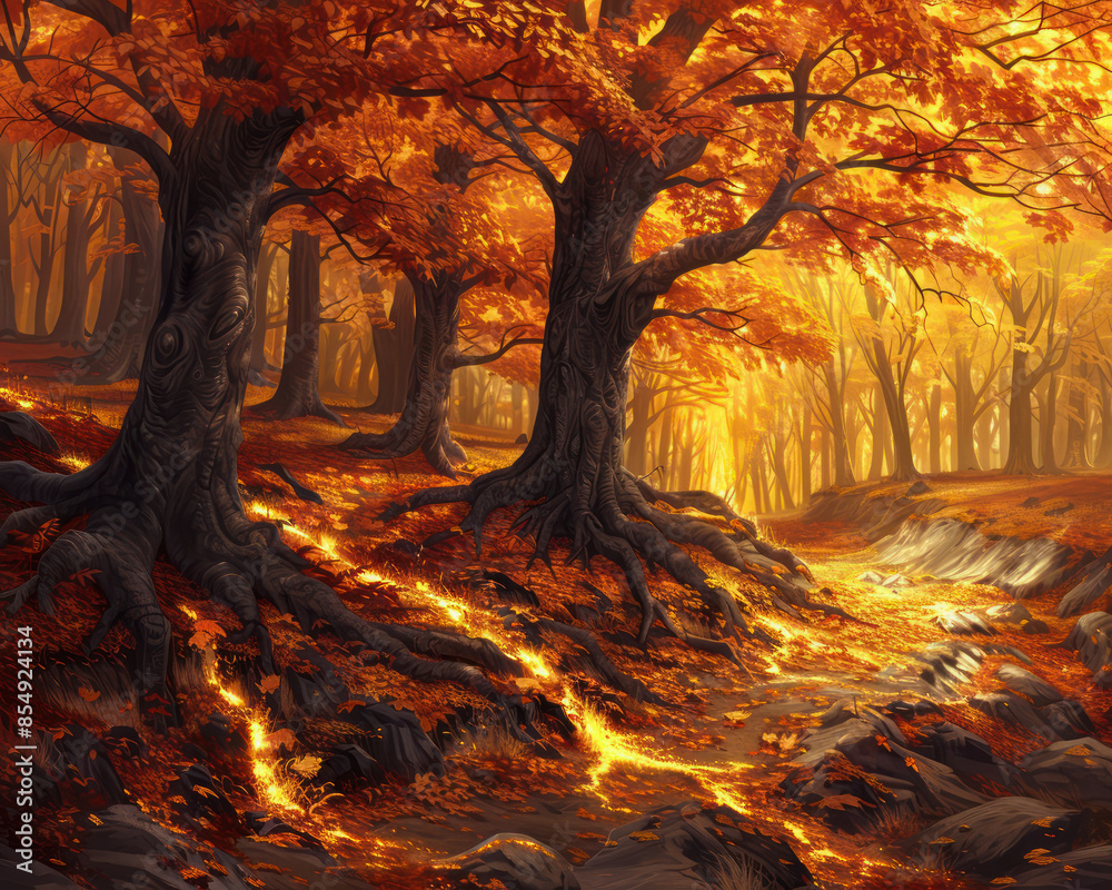 Obraz premium Mesmerizing Autumn Forest with Golden Leaves and Serene Stream A Captivating Display of Nature's Tranquility and Enchanting Beauty