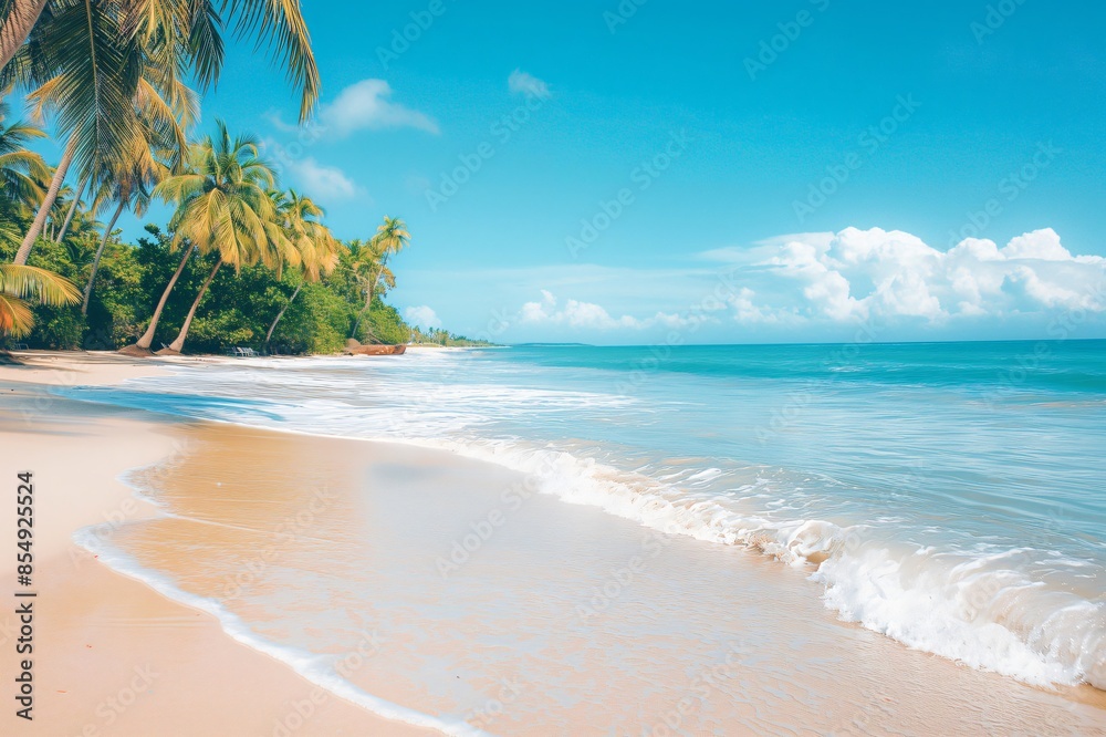 Serene beach scene with lush palm trees lining the shore and gentle waves lapping against a pristine sandy beach under a clear blue sky Serene beach scene with lush palm trees lining the shore and gentle waves lapping against a pristine sandy beach under a clear blue sky