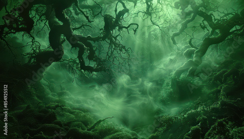 Wallpaper Mural Enchanted Forest with Mysterious Green Glow Amid Twisted Trees and Thick Fog Creating an Eerie and Magical Atmosphere of a Fairy Tale Landscape Torontodigital.ca