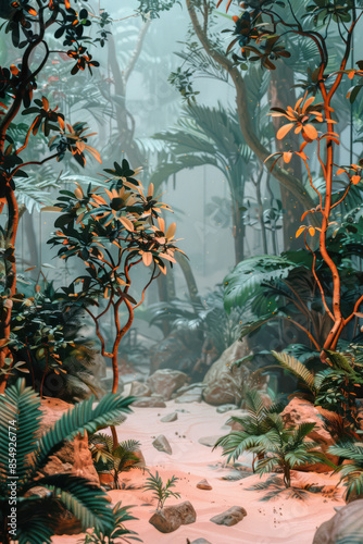 Captivating Jungle Scene A Mesmerizing View of Dense Vegetation, Towering Trees, and Serene Pathways in a Tropical Rainforest photo