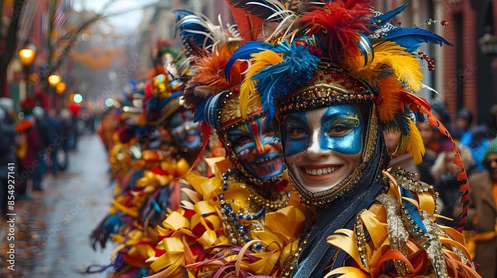 Vibrant Carnival with Elaborately Costumed Performers Parading Down a Lively City Street Vibrant Carnival with Elaborately Costumed Performers Parading Down a Lively City Street