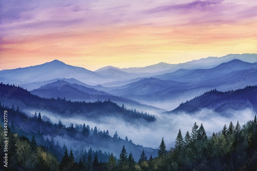 a painting of mountains with trees and clouds, serene mountain landscape at sunrise a painting of mountains with trees and clouds, serene mountain landscape at sunrise