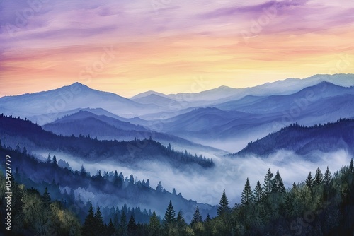 a painting of mountains with trees and clouds, serene mountain landscape at sunrise