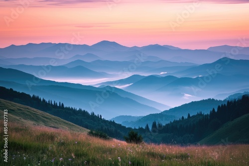 a painting of mountains with trees and clouds, serene mountain landscape at sunrise