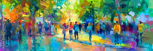 Vibrant City Street Scene with Colorful Impressionist Brushstrokes and Lively Pedestrian Activity