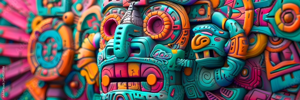 Fototapeta premium Vibrant Colorful Traditional Aztec Mayan Tribal Patterns and Symbols on Carved Wooden Mask or Wall Art