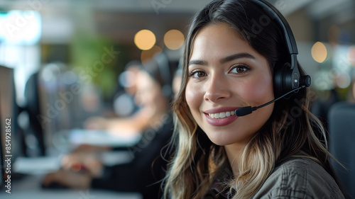 Customer Service Representative Engaged in Audio Communication at a Workstation with Privacy Protection. Generative AI Image.