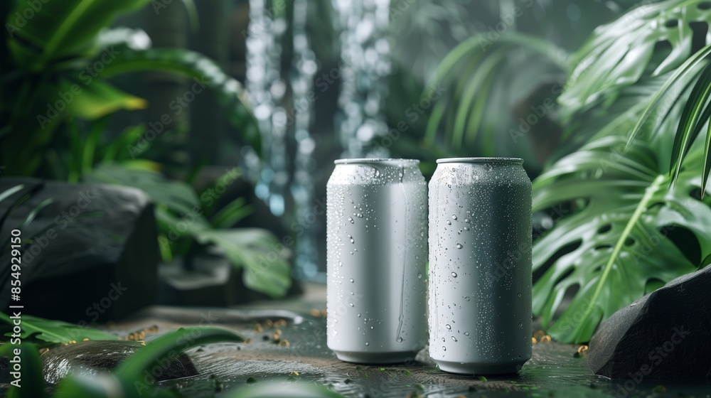 Two plain aluminum cans mockup with condensation in front of jungle waterfall. Fresh and natural canned drink template advertising image. Carbonated beverages mock up photorealistic Two plain aluminum cans mockup with condensation in front of jungle waterfall. Fresh and natural canned drink template advertising image. Carbonated beverages mock up photorealistic