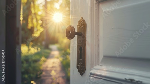 Open white door with key leading to a sunlit garden path