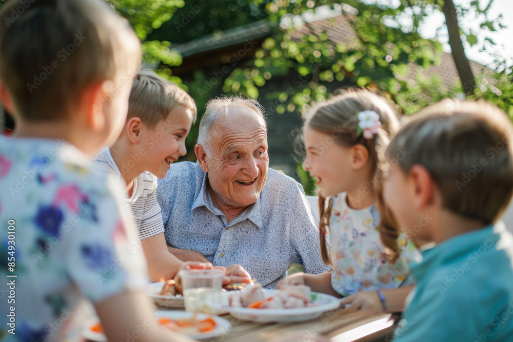 Elderly man enjoying meal and chat with grandkids Elderly man enjoying meal and chat with grandkids