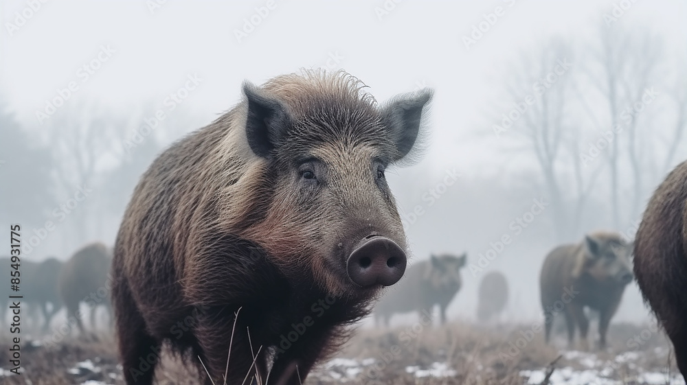 wild boars in winter nature, wild nature wild boars in winter nature, wild nature