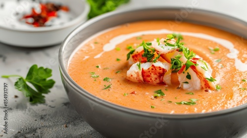 Gourmet creamy lobster bisque served in a refined bowl, adorned with elegant garnishes, tantalizing presentation, rich flavors, a feast for the eyes and taste buds, touch of luxury