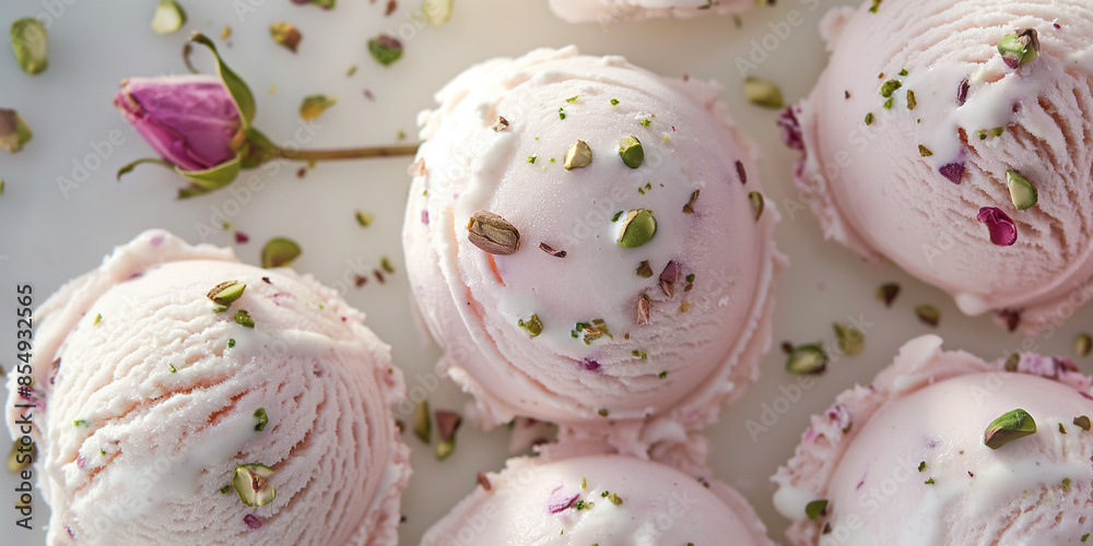 Elegant rose and pistachio ice cream, an image of elegant rose and pistachio ice cream, its pale pink color with green nutty flecks against a white backdrop Elegant rose and pistachio ice cream, an image of elegant rose and pistachio ice cream, its pale pink color with green nutty flecks against a white backdrop
