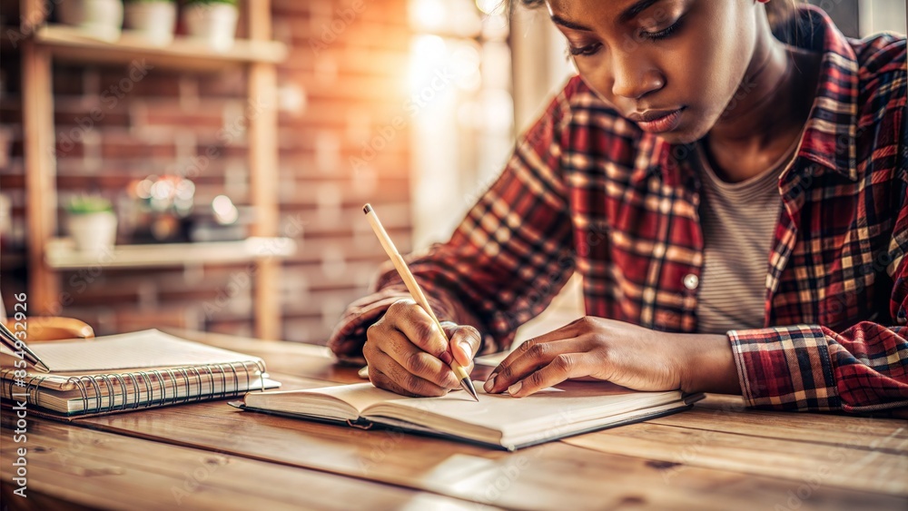 Student with Pencil and Notebook: A student writing in a notebook with a pencil, capturing a moment of study.
Student with Pencil and Notebook: A student writing in a notebook with a pencil, capturing a moment of study.