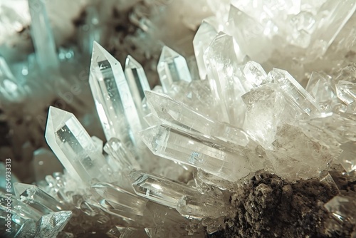 a cluster of crystals on a rock, Explore the beauty of crystalline structures photo