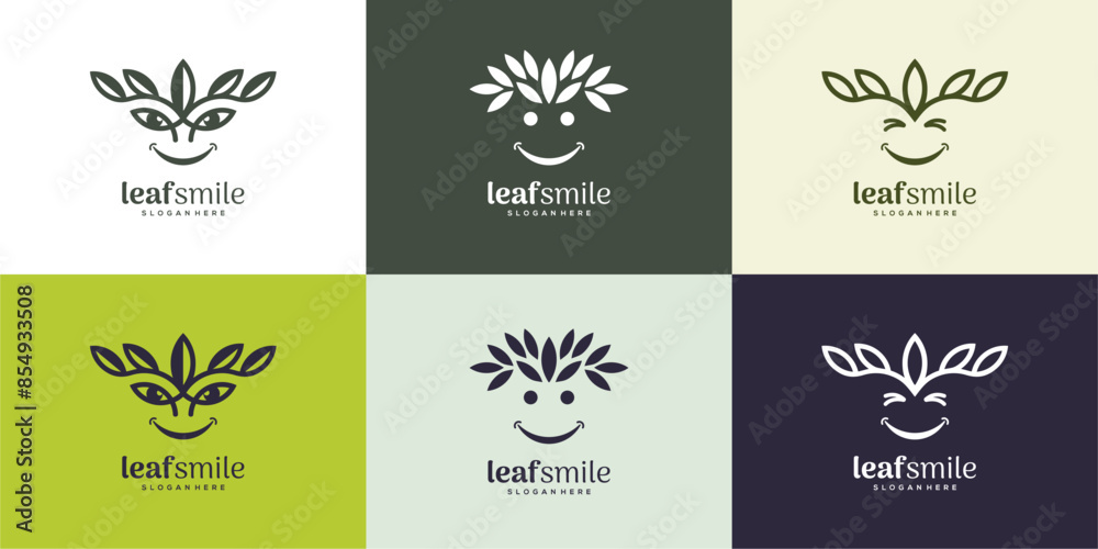 Cute leaf smile vector logo collection. Abstract idea of leaves and cheerful smiling facial expression. Playful style design illustration template. Cute leaf smile vector logo collection. Abstract idea of leaves and cheerful smiling facial expression. Playful style design illustration template.
