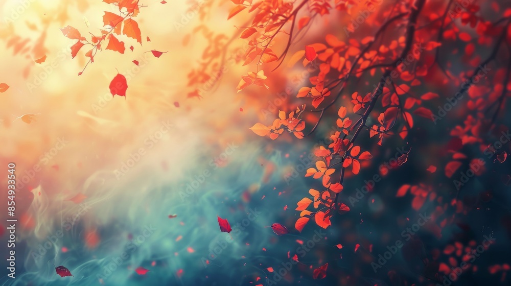 A mesmerizing autumn background featuring a lush forest scene bathed in the warm glow of the setting sun. Vibrant red leaves cascade from the branches, swirling in the gentle breeze. A mesmerizing autumn background featuring a lush forest scene bathed in the warm glow of the setting sun. Vibrant red leaves cascade from the branches, swirling in the gentle breeze.
